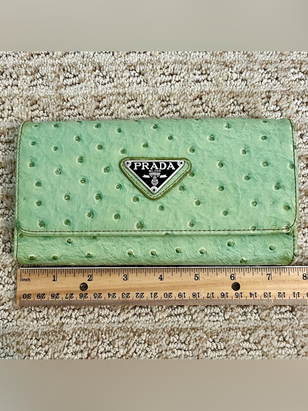PRADA Green Ostrich Leather Long Continental Trifold Wallet w/ Checkbook Cover
